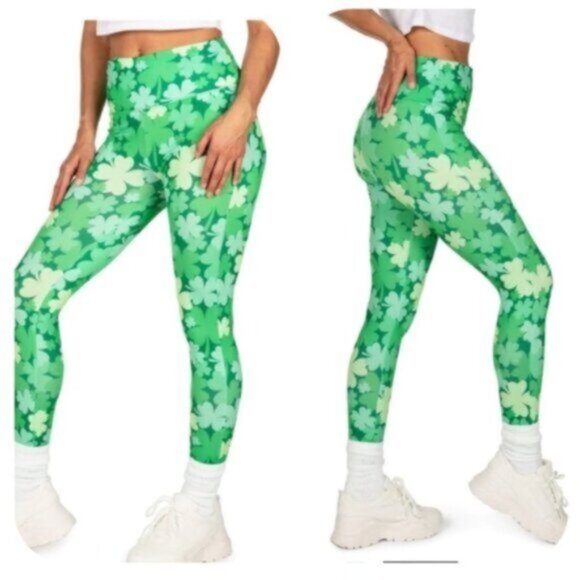 NWT Tipsy Elves Green Leaf Clovers Field High Waist Leggings Size Medium - Picture 1 of 5